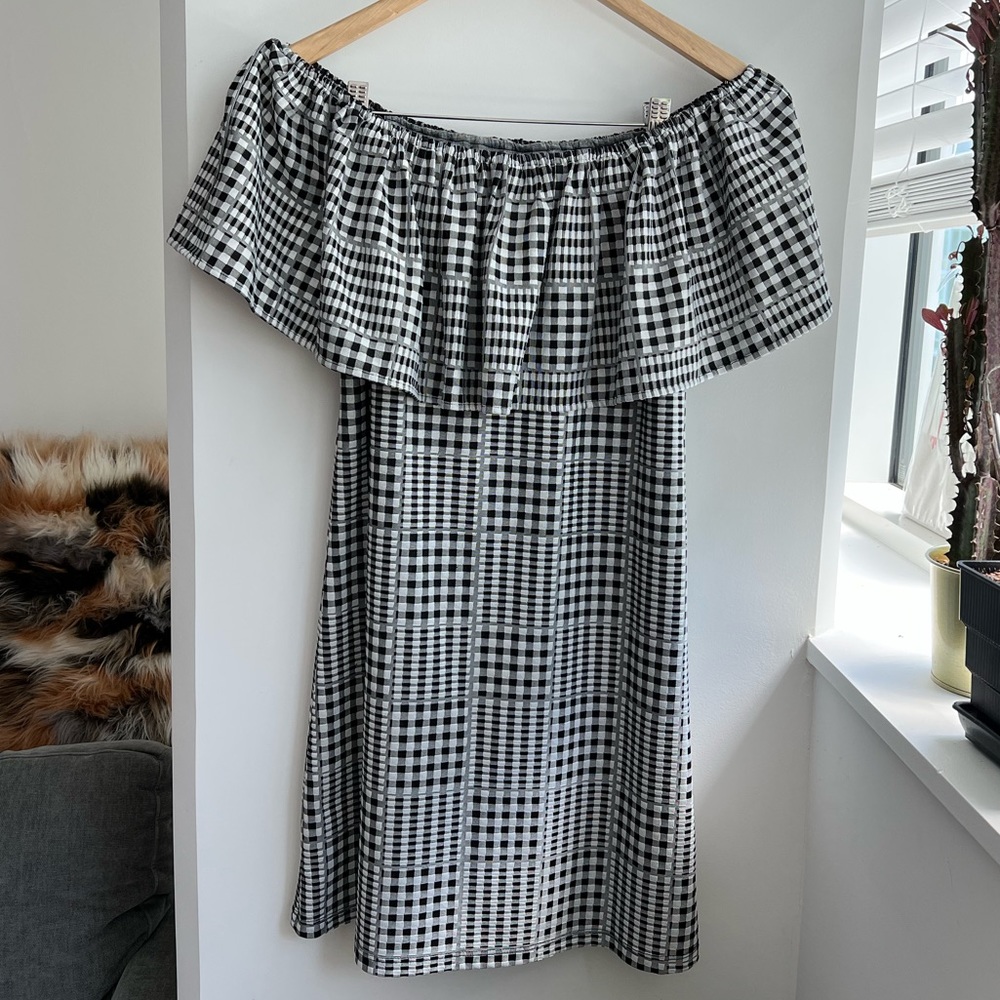 Urban Outfitters Gingham Plaid Off Shoulder Mini Dress Size Small